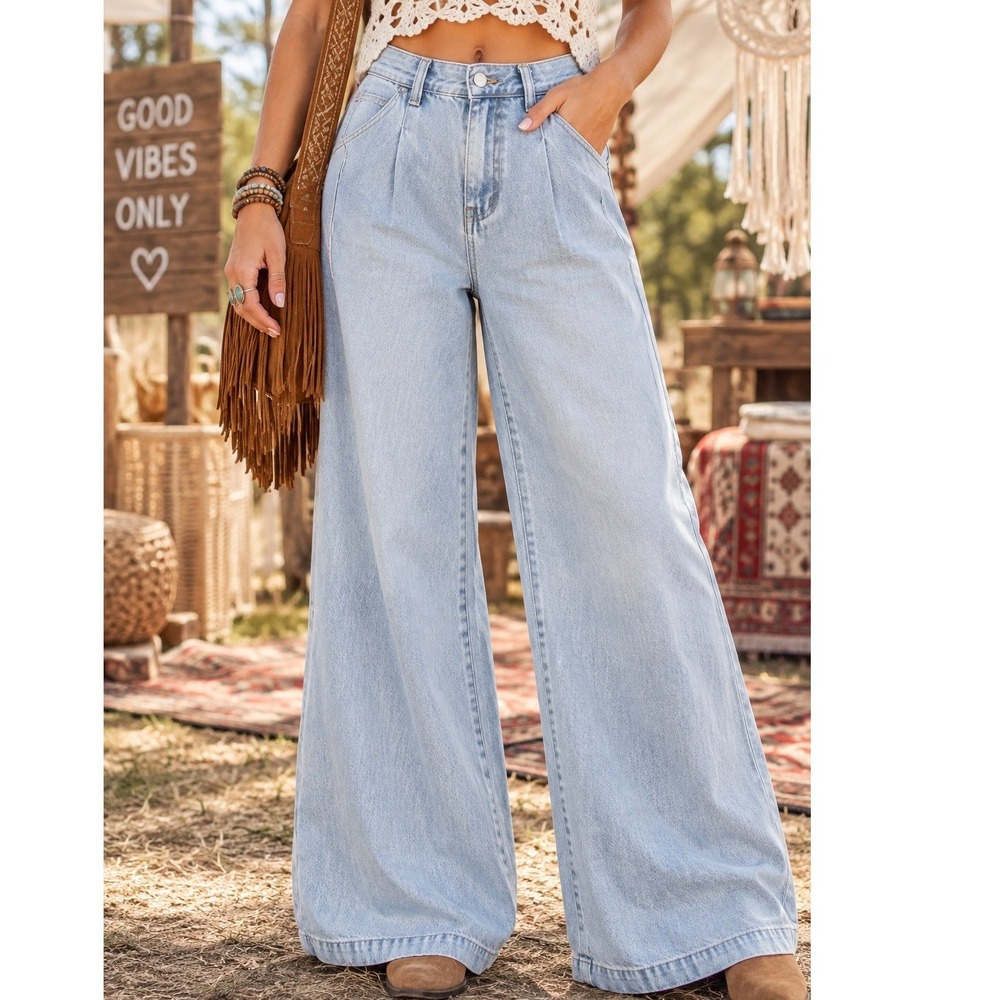 Madewell The Harlow Wide-Leg Jean Light Wash Pleated Denim Size 26 High Rise